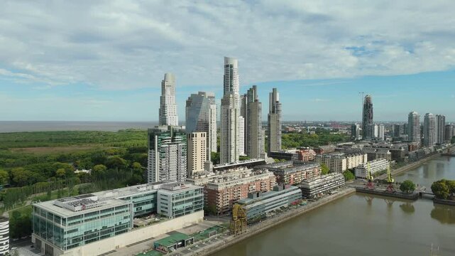 Aerial view of Puerto Madero skyscrapers Buenos Aires Argentina and Rio de La Plata Skyline in Argentina
