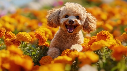 Happy Poodle in a Flower Field