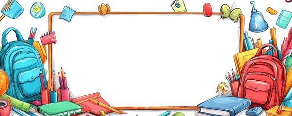 Blank school photo frame with cartoon school supplies border