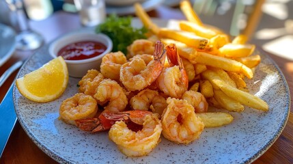 Crispy Fried Shrimp with Fries in Outdoor Picnic Setting