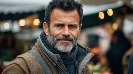 Fototapeta premium Charming Middle-Aged Man at an Outdoor Market, Autumn Fashion