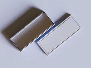 Tea tin square packaging white color on gray background