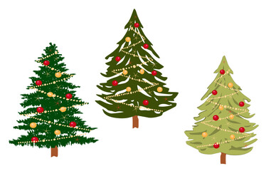 Collection of fir trees, with Christmas balls and garlands, different types and colors, vector silhouettes of Christmas trees isolated on white