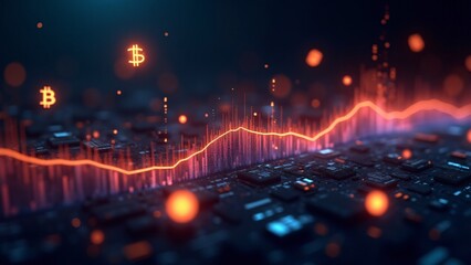 A virtual cryptocurrency market with glowing digital charts and fluctuating prices, representing the dynamic world of digital trading.