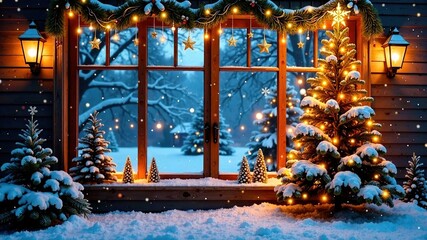 Winter Wonderland Window Christmas Decoration AI Photo, Cozy Christmas Scene, Festive Window Display