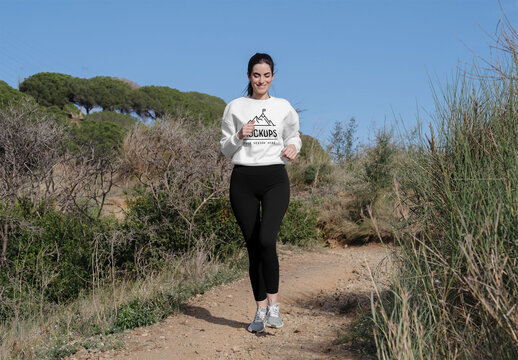 Mockup Of Woman Running In Customized Sweatshirt