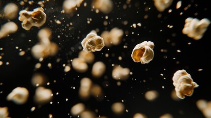 Popcorn kernels suspended mid-air, detailed texture and motion blur on black background, particles drifting for dynamic effect