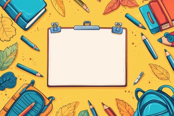 Cute cartoon school-themed frame with books and stationery