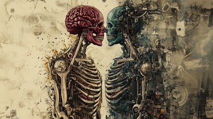 Body as a broken machine: Human form reconstructed with mechanical and biological elements fighting each other, autoimmune diseases