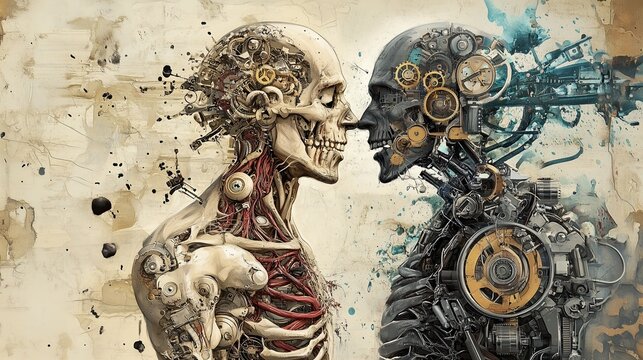 Body as a broken machine: Human form reconstructed with mechanical and biological elements fighting each other, autoimmune diseases