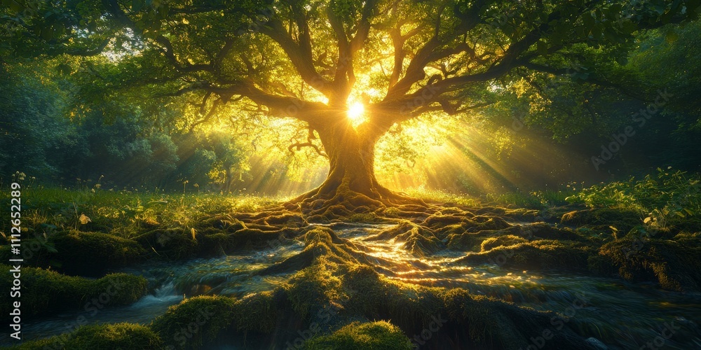 Poster enchanted forest of luminous rivers, a mystical landscape where tree roots intertwine with flowing s
