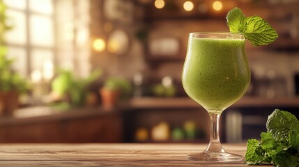Refreshing Green Smoothie with Mint in Cozy Kitchen. Non-alcoholic month. Dry January is public health campaign