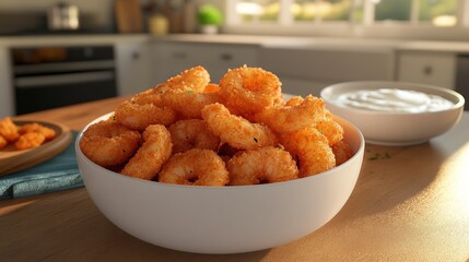 Crispy Fried Shrimp with Tartar Sauce in Rustic Kitchen