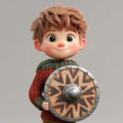 Cheerful boy with a shield, white isolate background