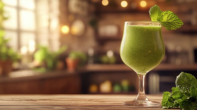 Refreshing Green Smoothie with Mint in Cozy Kitchen. Non-alcoholic month. Dry January is public health campaign
