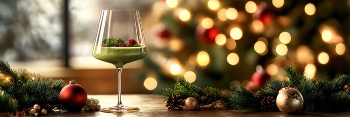 Festive Holiday Green Drink with Christmas Lights. Non-alcoholic month. Dry January is public health campaign
