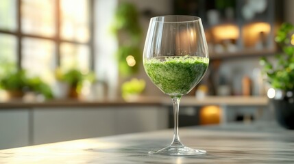 Refreshing Green Smoothie in Elegant Glassware in Sunlit Kitchen. Non-alcoholic month. Dry January is public health campaign