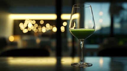 Elegant Evening Ambiance with Exquisite Green Beverage in Glass. Non-alcoholic month. Dry January is public health campaign