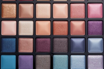 Fototapeta premium makeup palette displayed under soft lighting, featuring an array of shimmer and matte shades