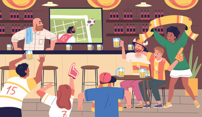 Football fans bar. Soccer fan supporters watching tv match game and drink alcohol in sport club restaurant or beer pub, people celebrating cheering goal classy vector illustration