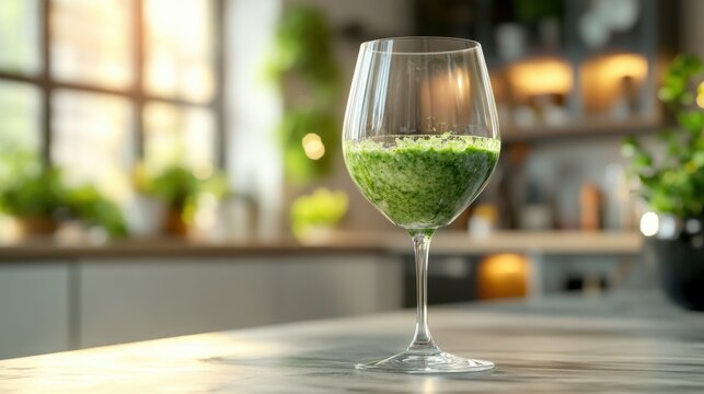 Refreshing Green Smoothie in Elegant Glassware in Sunlit Kitchen. Non-alcoholic month. Dry January is public health campaign