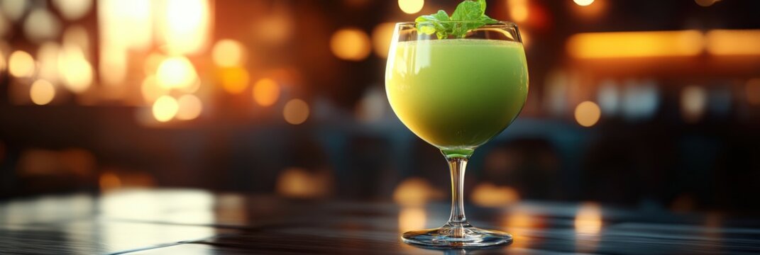 Refreshing Green Cocktail with Mint Garnish on a Sleek Bar Table. Non-alcoholic month. Dry January is public health campaign