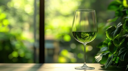Wine Glass with Green Drink in Nature Background. Non-alcoholic month. Dry January is public health campaign