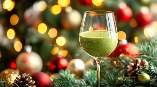 Festive Holiday Cocktail with Green Smoothie in Elegant Glass. Non-alcoholic month. Dry January is public health campaign
