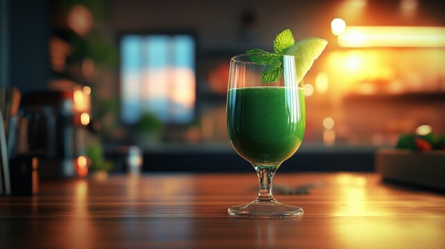 Fresh Green Smoothie in Elegant Glass with Mint and Lime. Non-alcoholic month. Dry January is public health campaign