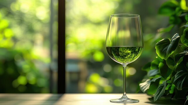 Wine Glass with Green Drink in Nature Background. Non-alcoholic month. Dry January is public health campaign