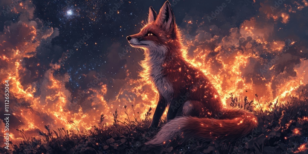 Poster celestial fox, a mystical fox adorned with fur that transforms into vibrant, glowing nebula patterns