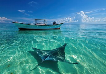 Fototapeta premium A Tranquil Scene of a Boat Surrounded by Crystal Clear Waters and a Gliding Manta Ray Under a Bright Blue Sky with Fluffy Clouds on a Sunny Day