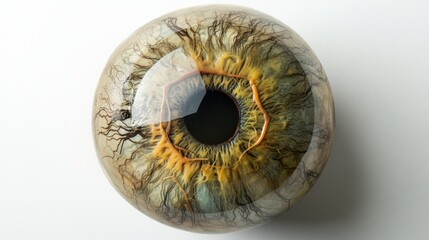 Single eyeball organ, bright and vivid, displayed against plain white, highlighting veins and iris details