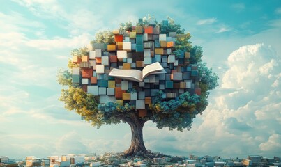 A Vibrant Tree Made of Colorful Books Symbolizing Knowledge and Growth in a Dreamy Landscape Under a Blue Sky with Fluffy Clouds