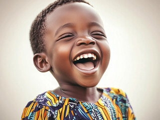 A young african child is beaming with joy, laughing heartily while wearing a colorful patterned outfit. The background is softly blurred, emphasizing the child's happiness. Generative AI