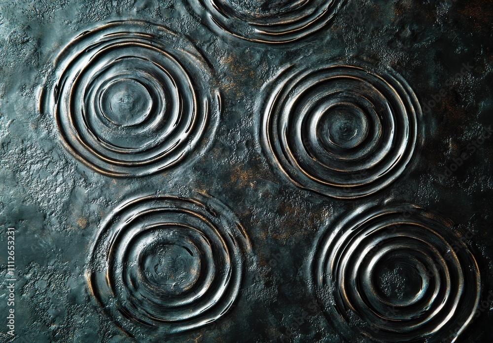 Poster abstract close-up of circular patterns on dark surface creating a textured visual experience with ri
