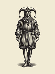Vintage illustration of a medieval jester in traditional attire with a detailed and ornate design, featuring a jesting hat, puffed sleeves, and tights. Perfect for historical or artistic projects
