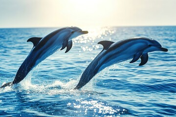 Fototapeta premium Two dolphins leaping out of blue ocean waves in sunlight.