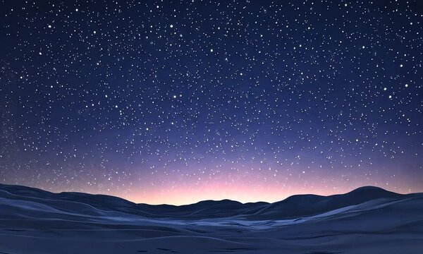 A serene night sky filled with stars over rolling hills and a gradient horizon.