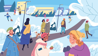 People walking winter park. Family couple walk in snow city park outside scene landscape, man woman friends dog wintering vacations outdoor cold weather, classy vector illustration