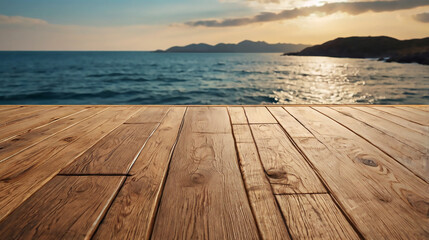 Fototapeta premium wooden floor with intricate details sea in the background