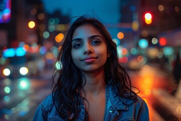 Portrait of a blissful indian woman in her 20s sporting a rugged denim jacket while standing against bustling city street at night