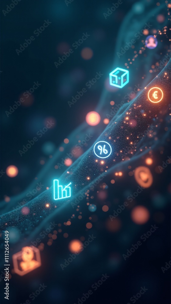 Poster a digital representation of decentralized finance with floating icons symbolizing defi services like