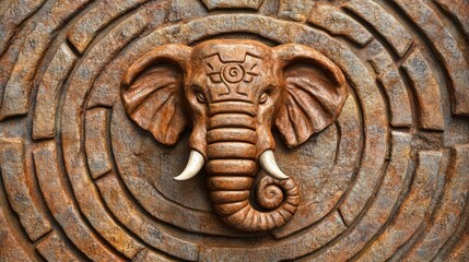 Naklejka premium Elephant head carved in stone with intricate circular patterns, AI