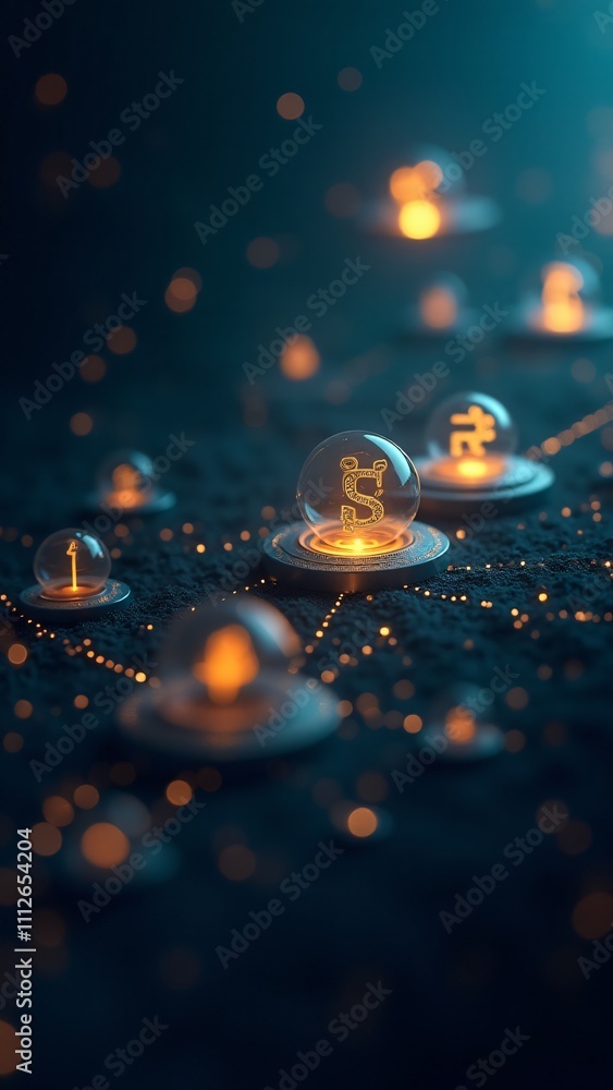 Poster a digital representation of decentralized finance with floating icons symbolizing defi services like