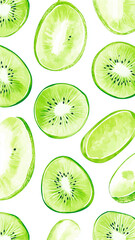 Fototapeta premium Kiwi slices pattern on a white background, high-resolution stock photography, textured image.