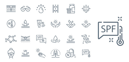 Skincare icons set. Dermatology and cosmetology. Moisturizer, cream and lotion. Skin care and beauty procedures. Cosmetics products. Linear vector collection