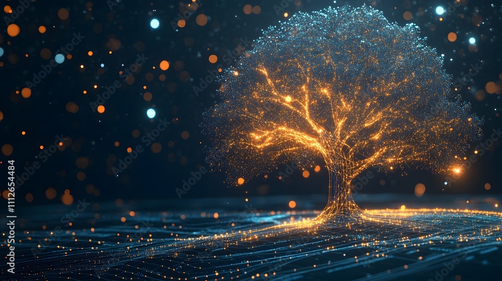 Poster illuminating network: a glowing tree of connections, data visualization of growth and innovation.