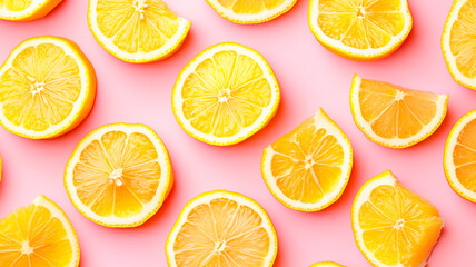Fototapeta premium Photograph of separated lemons on a pink background, creating a pattern in a flat lay composition. High-resolution photography.