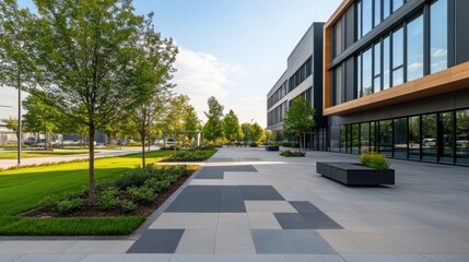Modern urban landscape featuring elegant architecture, greenery, and sunlight in contemporary outdoors setting